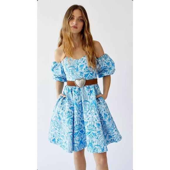 Mestiza New York Poco Poof Tapestry Mini A-Line Dress Blue Pockets Sz 2 - Picture 2 of 16